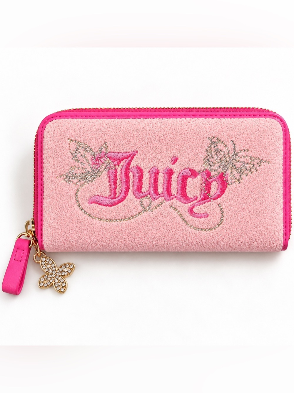 Juicy Couture Pink Terry Rhinestone Butterfly Zip Around Wallet Y2K